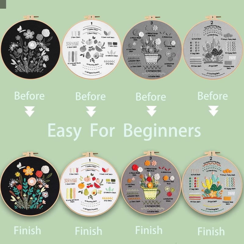Ohcol Embroidery Kit for Beginners, 4 Floral Patterns, Learn 33 Stitches, Pre-Printed Fabric, Hoop, Colored Threads and Needles, Easy Video Guide, DIY Hand Sewing Gift for Adults and Teens - Image 5